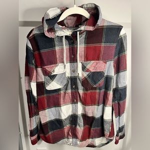 Plaid Flannel Shirt Womens Size Medium Garage Fashion Winter Hood Button Up